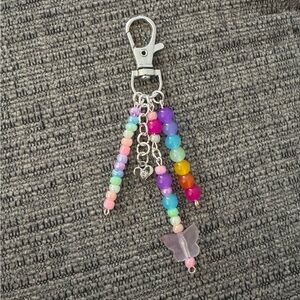 Rainbow Multicolor Beaded Bag Charm Keychain with Butterfly & Heart Detail
